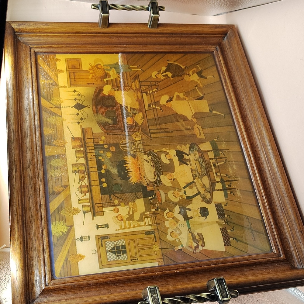 Vintage Charles Wysocki "Singing Pie Makers" Wood Framed Tray With Brass Handles